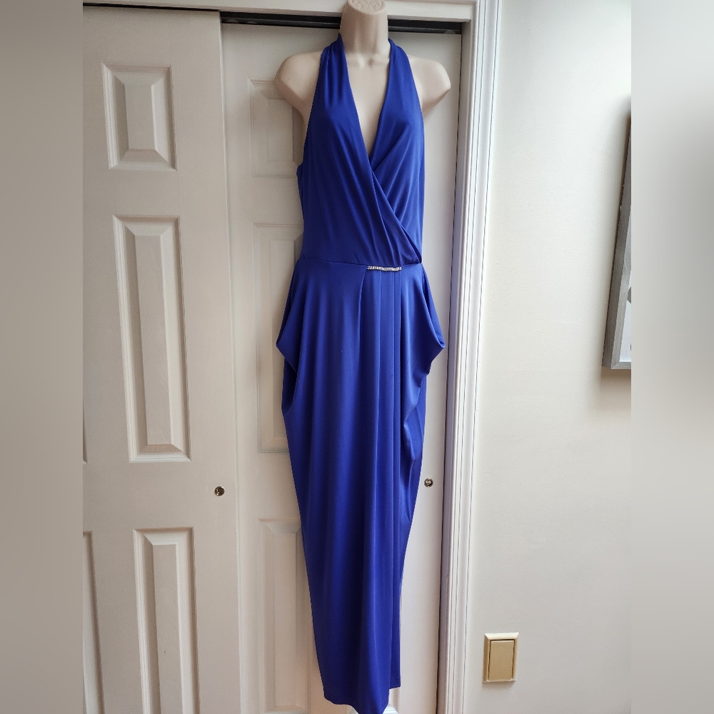 Nicole Miller Cobalt Blue Draped Halter Maxi Gown Y2K Formal Sz12